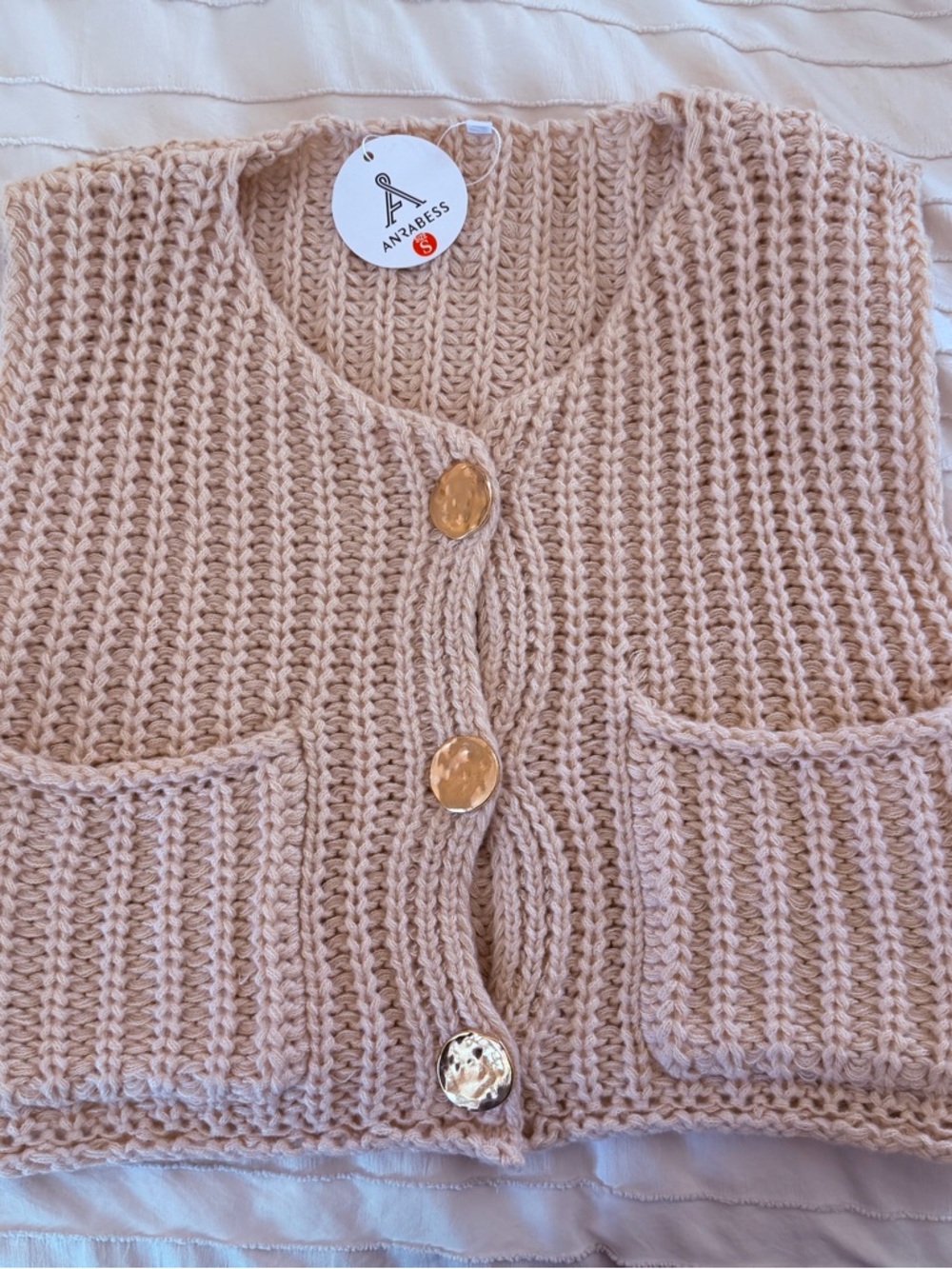 ANNA BESS Chunky Knit Beige Button-Front Women’s Cardigan